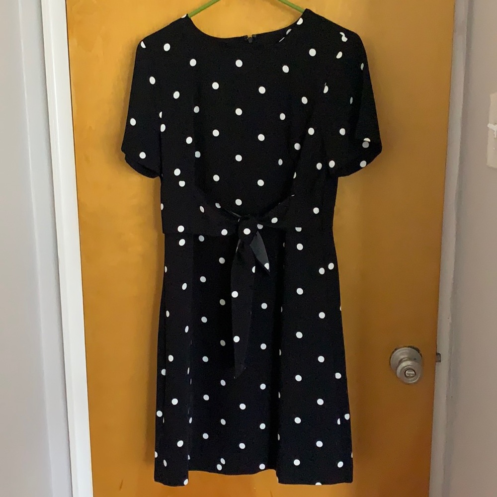 Black polka dot dress with tie at waist